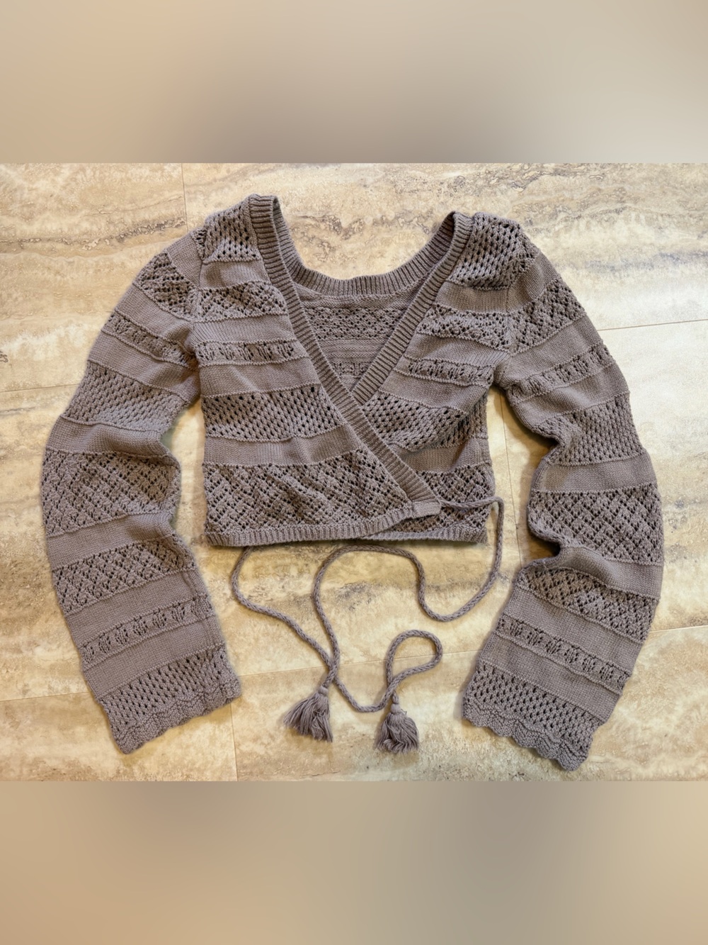 aerie Taupe/tan Crochet Wrap Cardigan with Tassel Ties